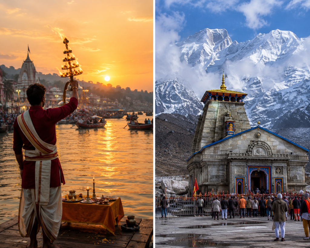North India travel destinations featuring Varanasi Ganga Aarti and Kedarnath Temple in Uttarakhand
